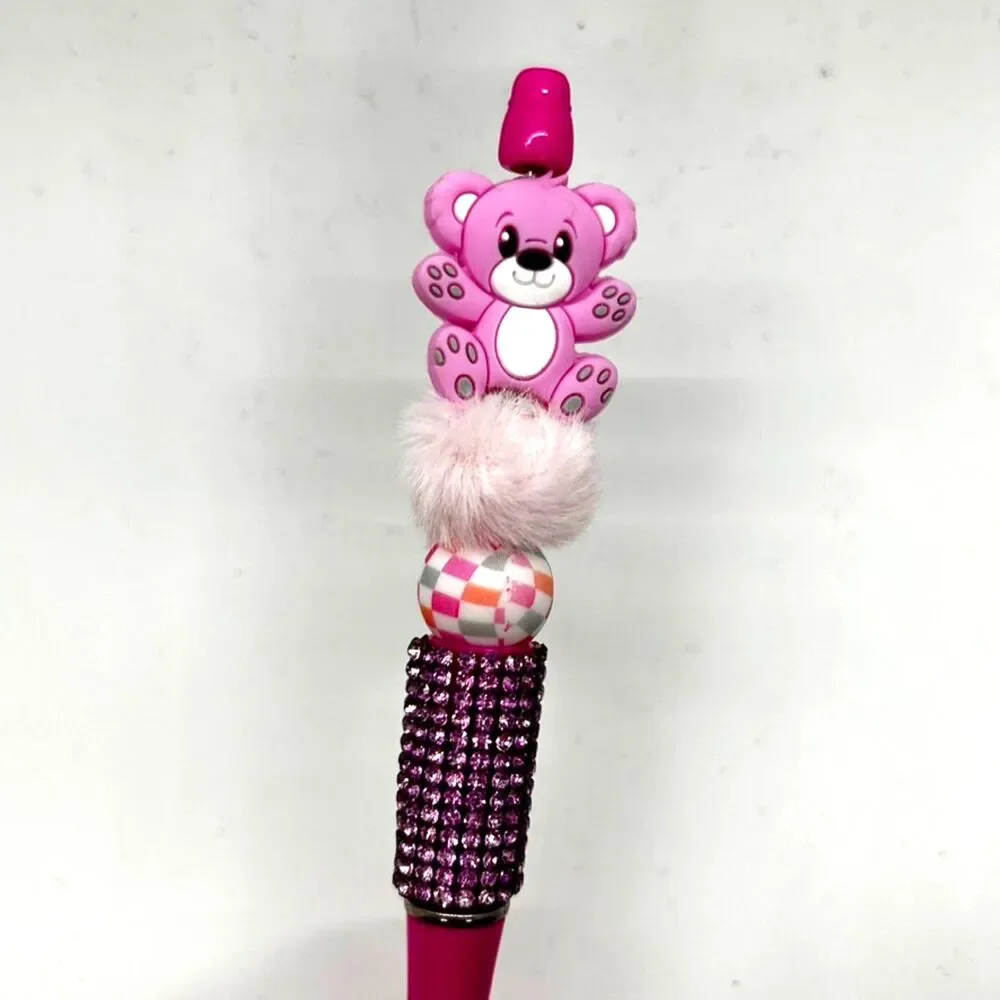 Unique Handmade Cute Hot Pink Crystal Furry Teddy Bear Beaded Pen